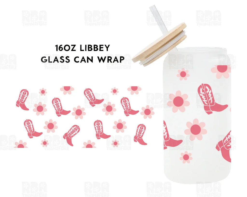Pink Cowboy Boots & Flowers Iced Coffee Glass