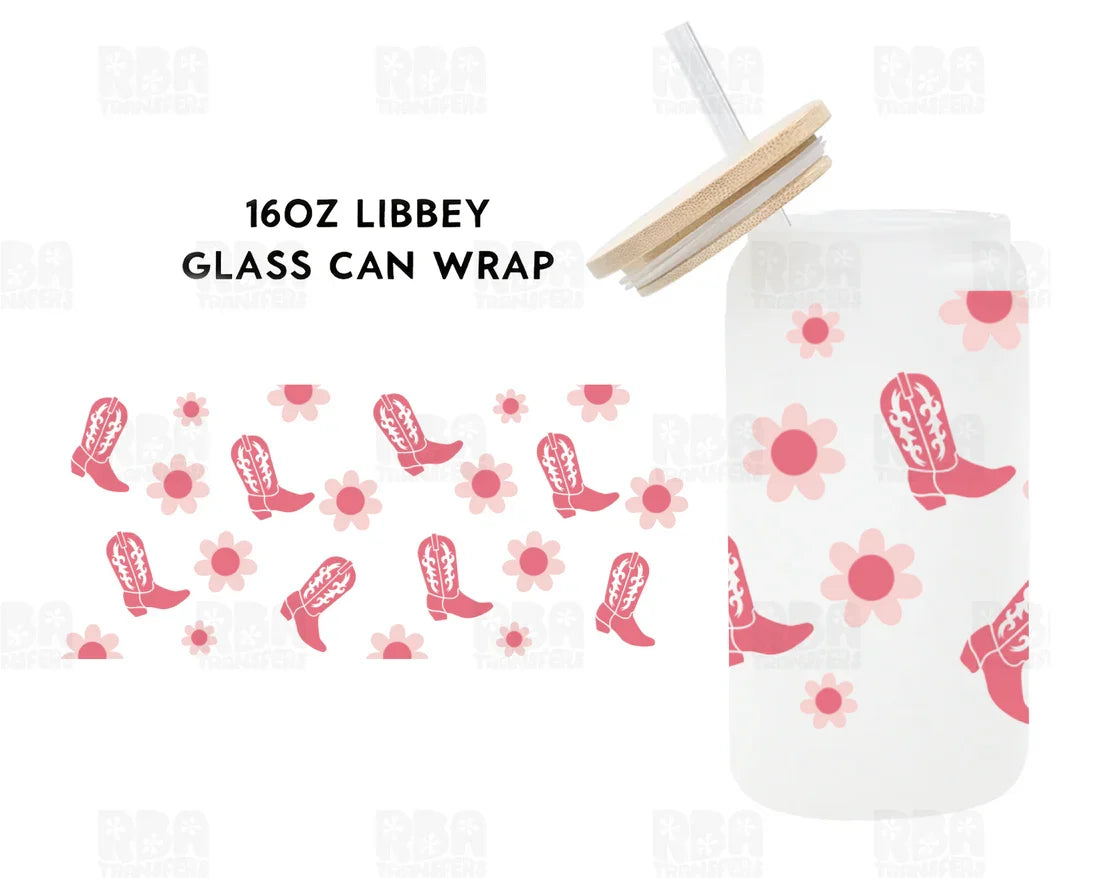 Pink Cowboy Boots & Flowers Iced Coffee Glass