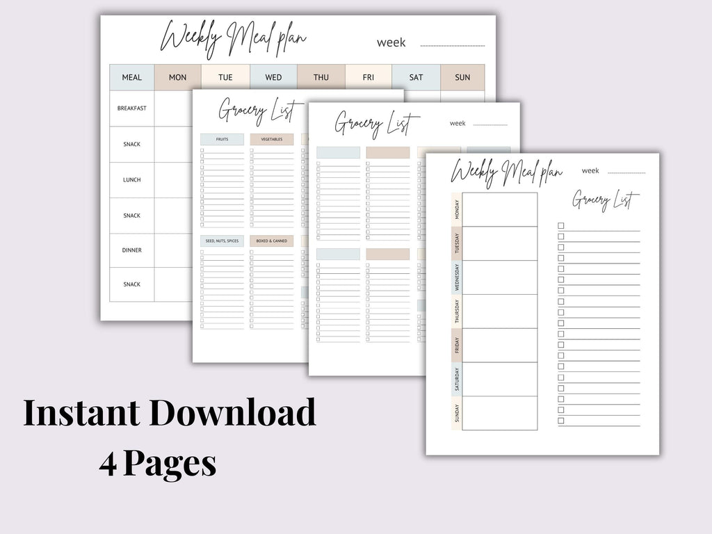 Weekly Meal Planner & Grocery List | Instant Download | Printable PDF | Letter Size 8.5 x 11