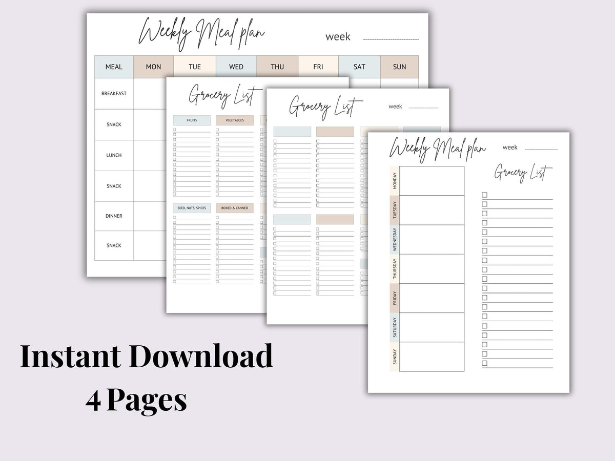Weekly Meal Planner & Grocery List | Instant Download | Printable PDF | Letter Size 8.5 x 11
