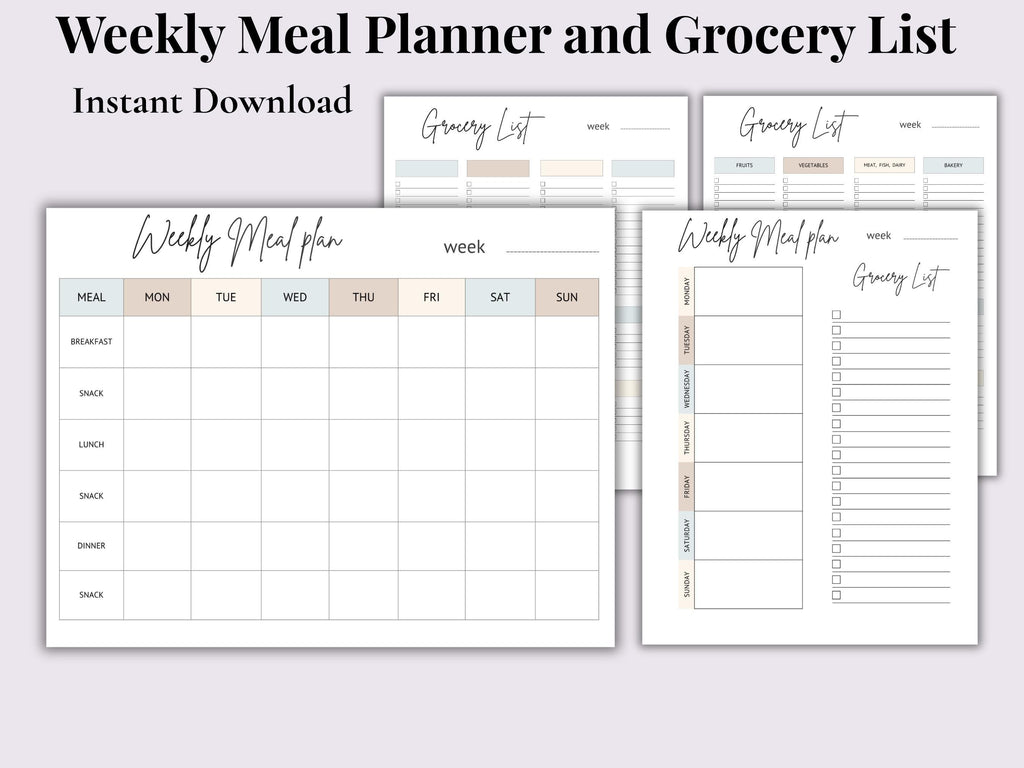 Weekly Meal Planner & Grocery List | Instant Download | Printable PDF | Letter Size 8.5 x 11