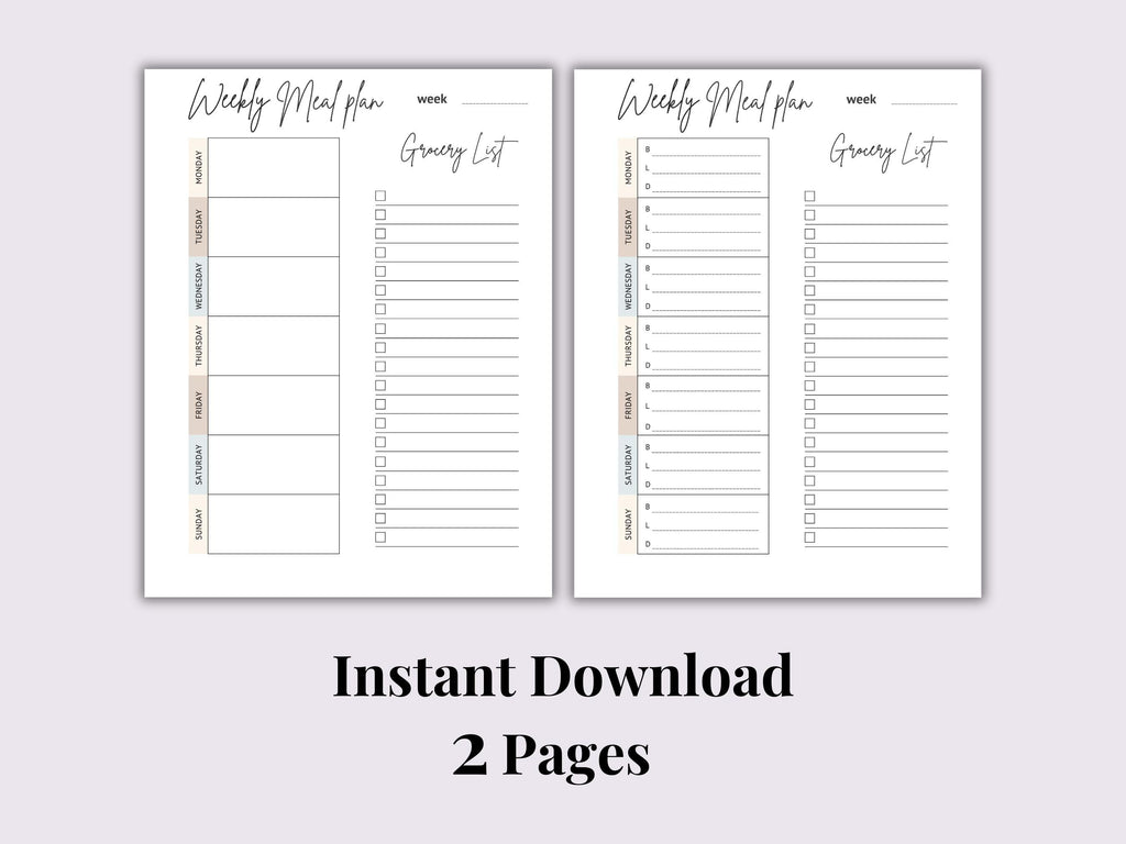 Weekly Meal Planner & Grocery List | Instant Download | Printable PDF | Letter Size 8.5 x 11