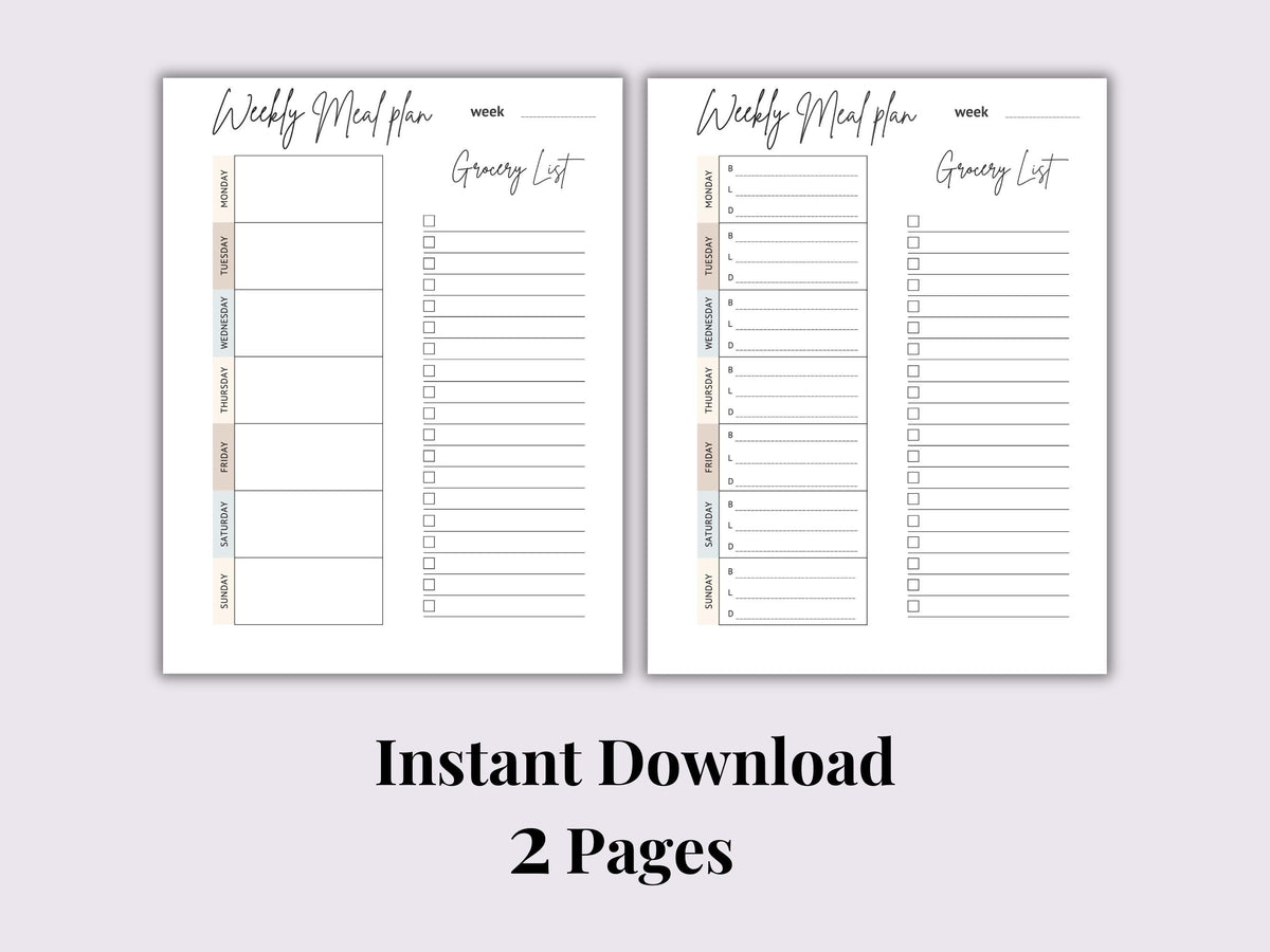 Weekly Meal Planner & Grocery List | Instant Download | Printable PDF | Letter Size 8.5 x 11