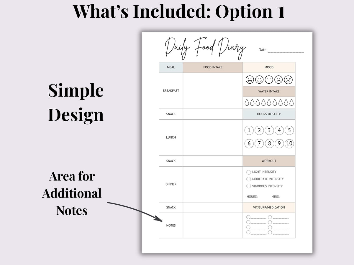 Daily Food Diary Printable | Calorie & Food Group Tracker (Digital Download)