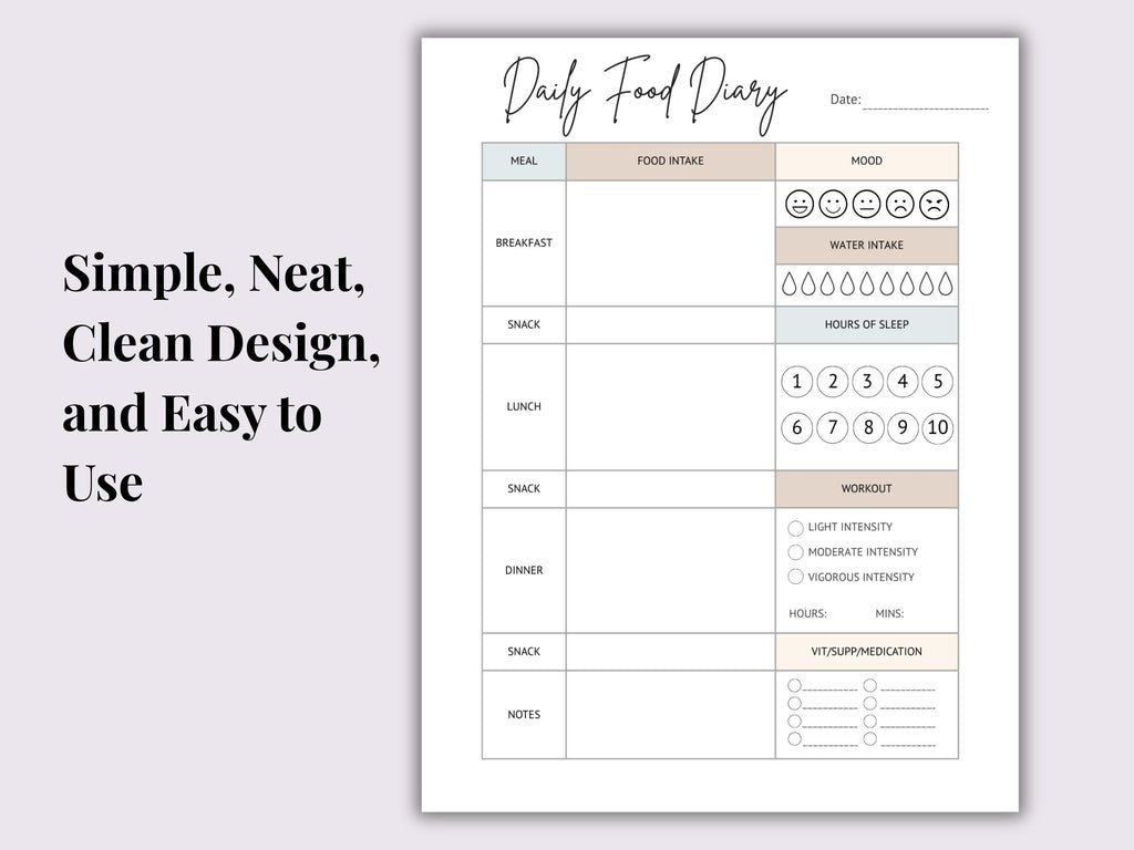 Daily Food Diary Printable | Calorie & Food Group Tracker (Digital Download)