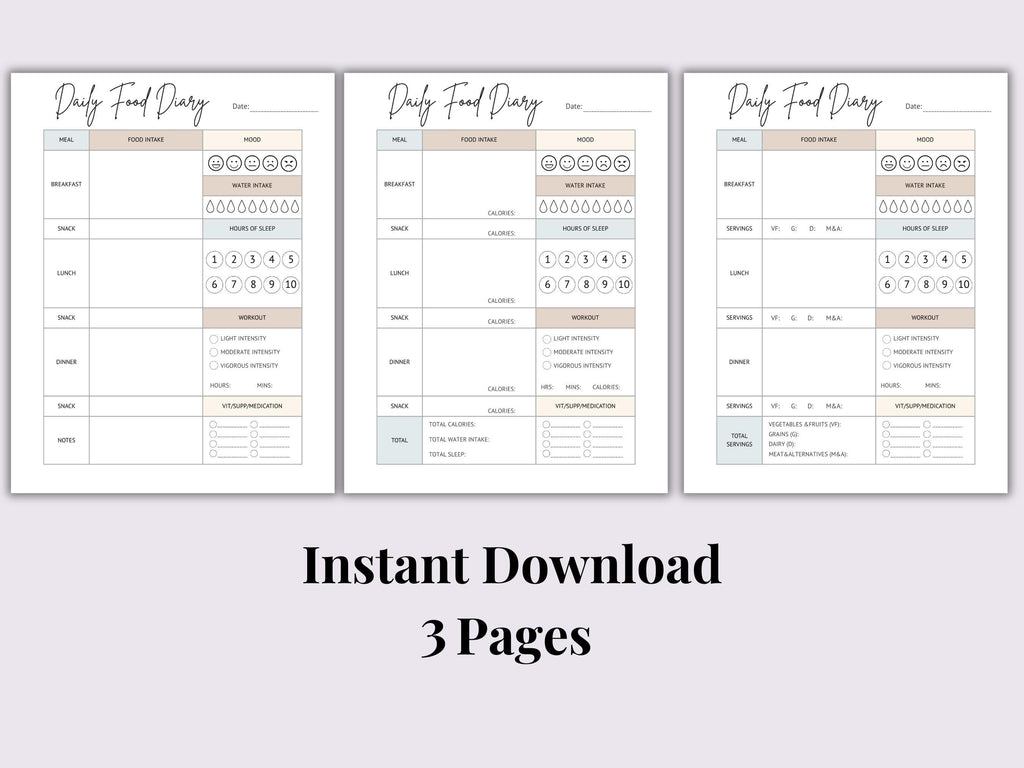 Daily Food Diary Printable | Calorie & Food Group Tracker (Digital Download)