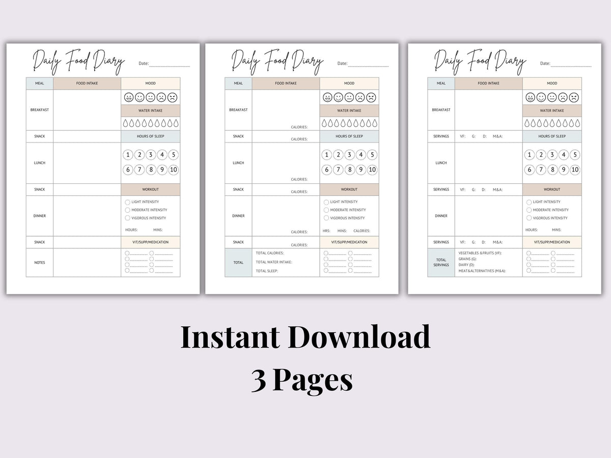 Daily Food Diary Printable | Calorie & Food Group Tracker (Digital Download)