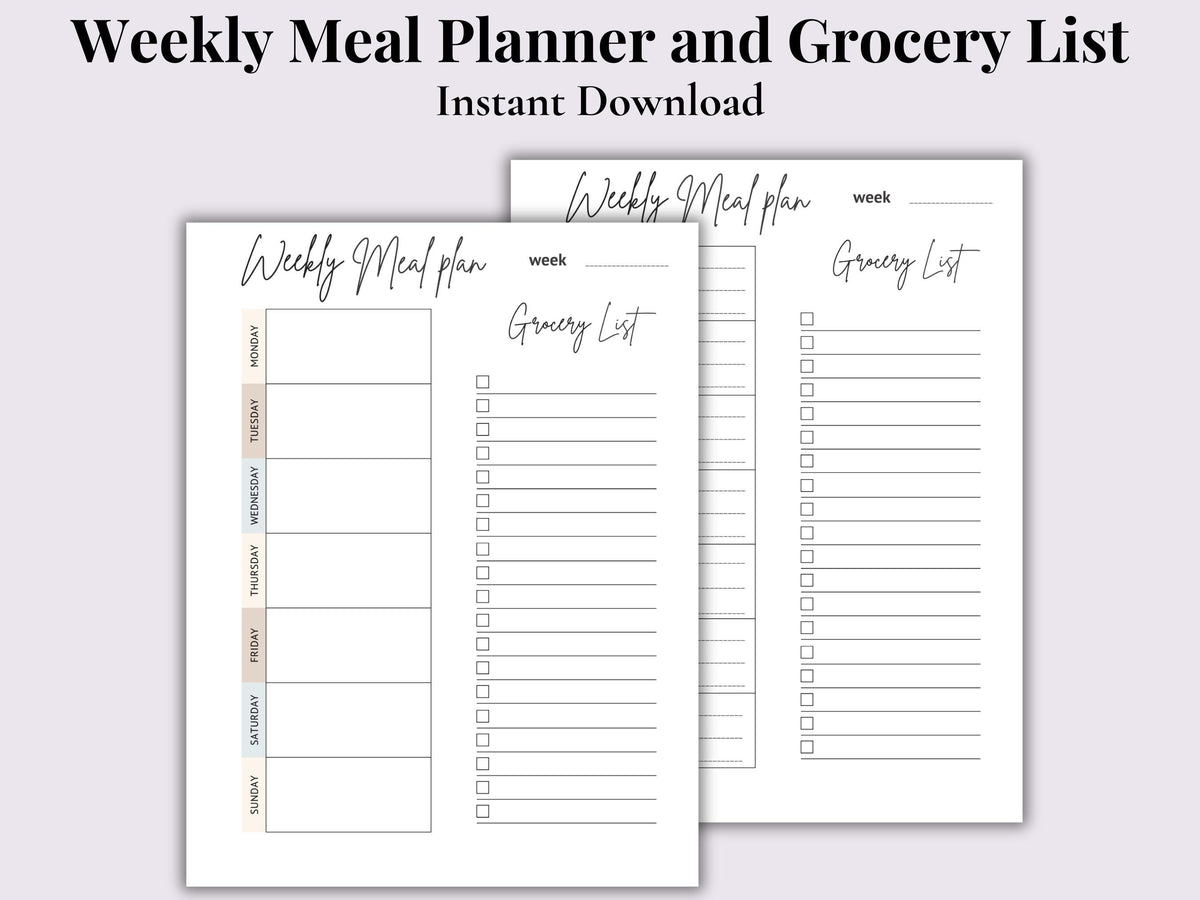 Weekly Meal Planner & Grocery List | Instant Download | Printable PDF | Letter Size 8.5 x 11
